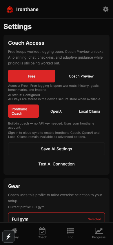 IronThane coach access and AI settings screen