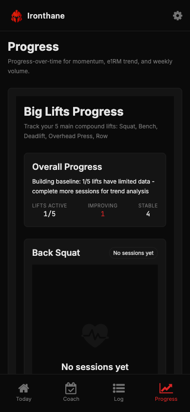 IronThane progress overview screen